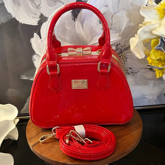 La Terre Handbags - Red Vegan Leather Handbag, Patent Leather Purse with Jewel Detail
